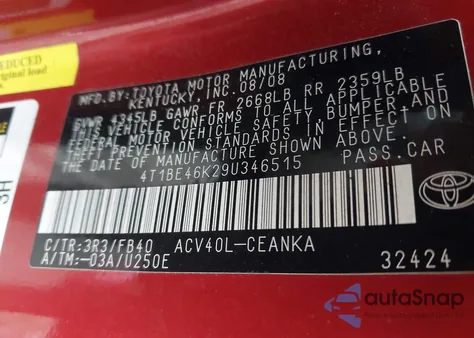 2009 Toyota Camry Le z USA, uszkodzony, nr VIN 4T1BE46K29U346515